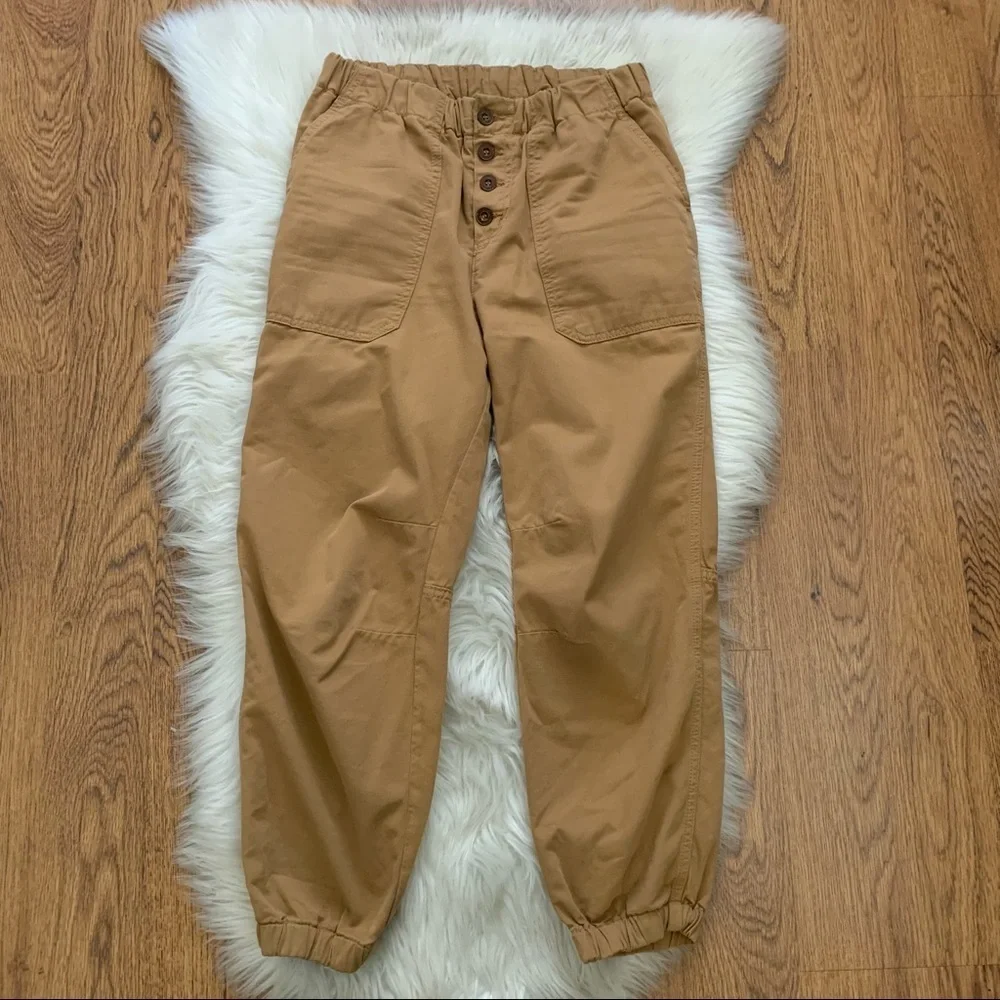 Free People Tan/Brown Crop Elastic Waist Front Buttons Cotton Joggers Si…